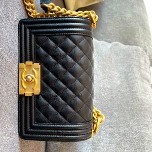 Chanel bag authentic boybag black and gold caviar leather small